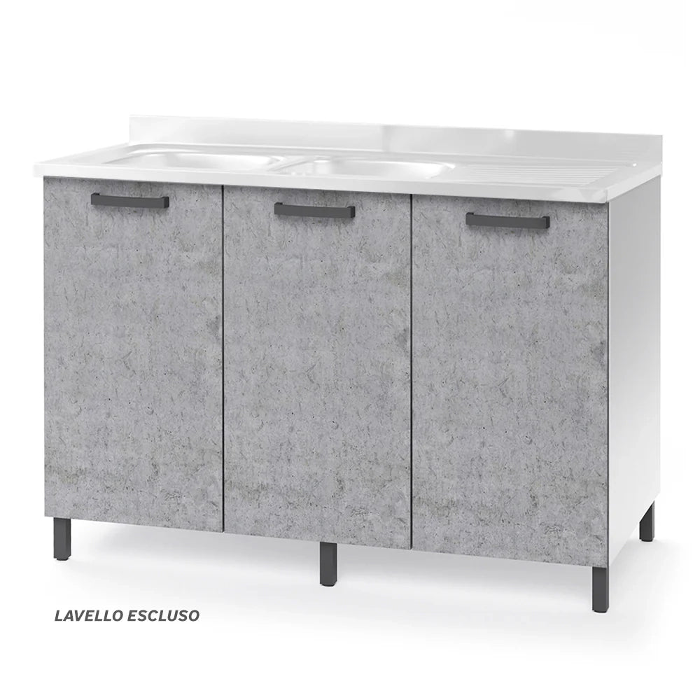 Sottolavello per cucina componibile da 120 cm con tre ante, con Lavello Vasca a Sinistra + Gocciolatoio, realizzata in legno 100% MADE IN ITALY colore Cemento