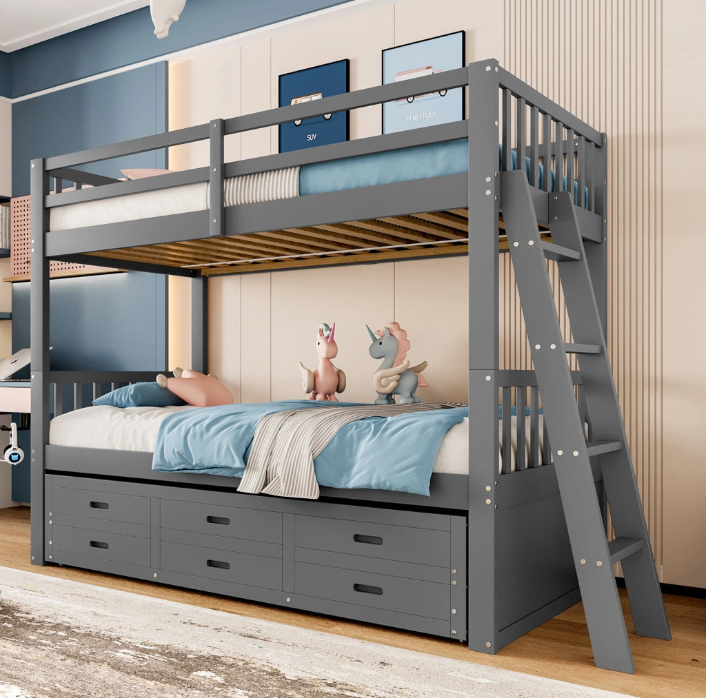 Letto a castello 90x200 cm con letto estraibile e 3 cassetti in legno e MDF grigio