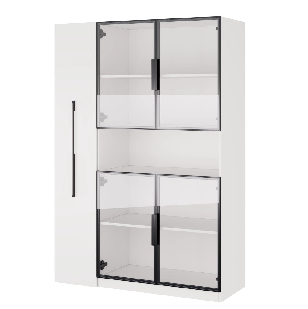 Vetrina moderna 110x35x160 cm bianca in MDF con LED a colori; ripiani estraibili e anta in vetro