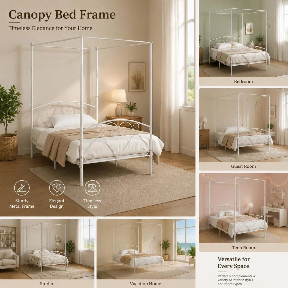 Canopy Bed Frame, White Metal, 120 X 200 Cm