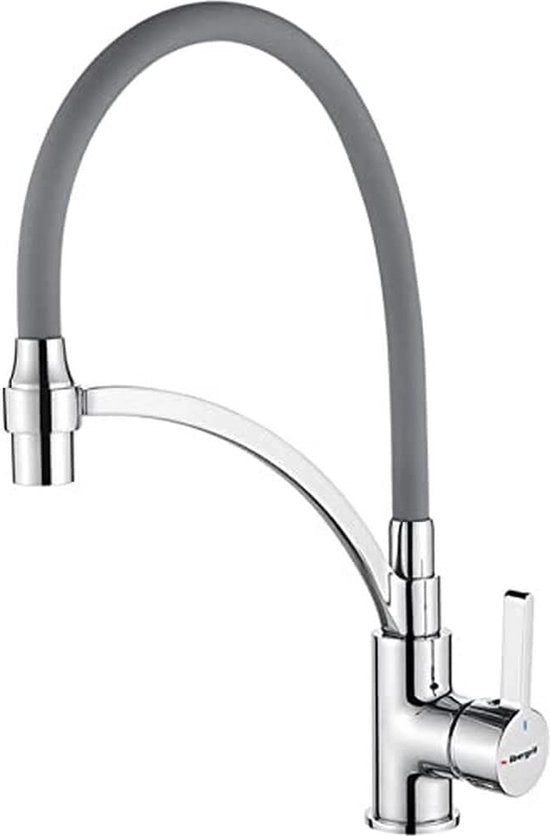 Cranio cucina con doccia, rubinetto per lavandino a un giro con tubo flessibile grigio, finitura cromata