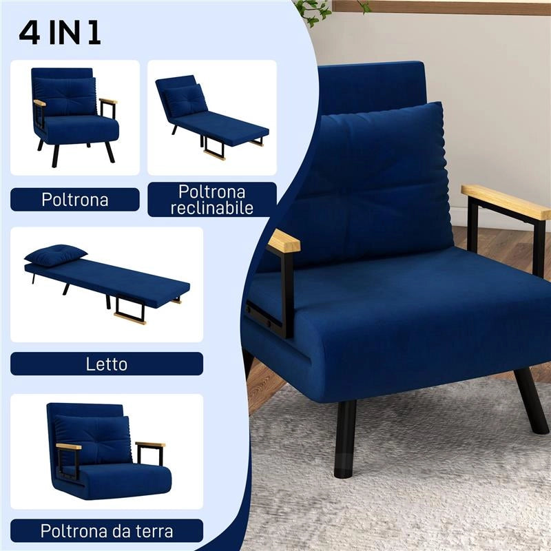 POLTRONA LETTO 3 IN 1 CON SCHIENALE RECLINABILE E CUSCINO IN TESSUTO EFFETTO VELLUTO 63X73X81 CM BLU