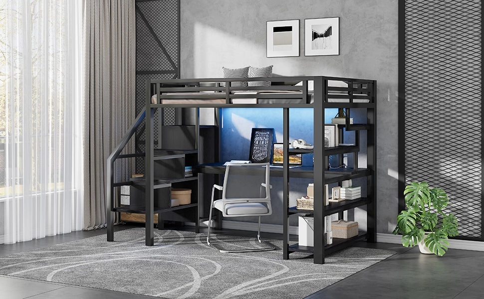 DESMIU Letto a soppalco 140 × 200 cm 2 posti con armadio, scrivania, ripiani, LED, senza materasso, in metallo, nero
