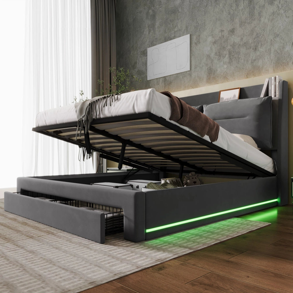 OKWISH Letto Contenitore 140×190 cm, Letto Matrimoniale con Sollevamento Idraulico, 1 Cassetto 2 in 1 e LED Regolabile, senza Materasso, in Velluto, Grigio Scuro