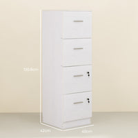 Cassettiera per Ufficio a 4 Cassetti 40x42x130,8 cm con 2 Serrature e Barra Portadocumenti in Legno Bianco