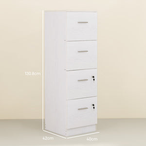 Cassettiera per Ufficio a 4 Cassetti 40x42x130,8 cm con 2 Serrature e Barra Portadocumenti in Legno Bianco
