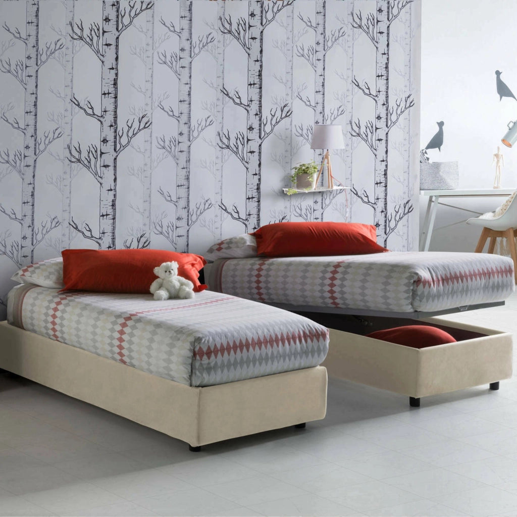 Letto singolo Aquolina, Letto contenitore con rivestimento in tessuto, Made in Italy, Apertura frontale, adatto per materasso cm 80x190, Beige
