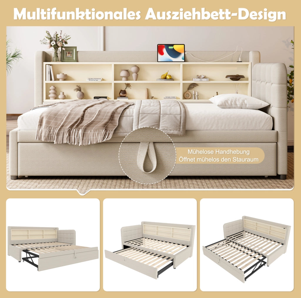 Letto estraibile 90x200 cm con USB/Type-C e ripiani beige