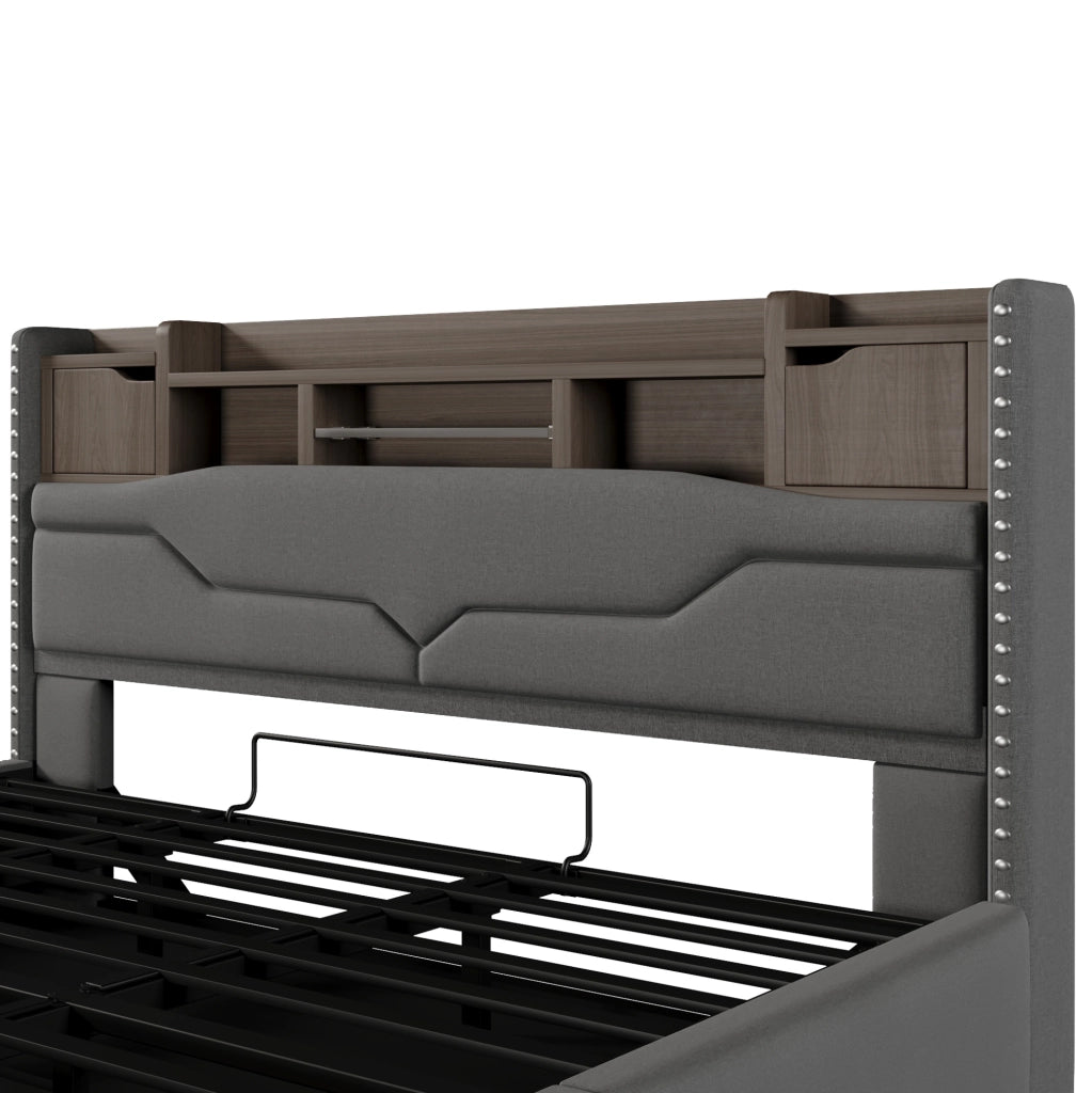 Letto imbottito ULEVR 180x200 cm con contenitore idraulico, LED, prese USB e Type-C, grigio