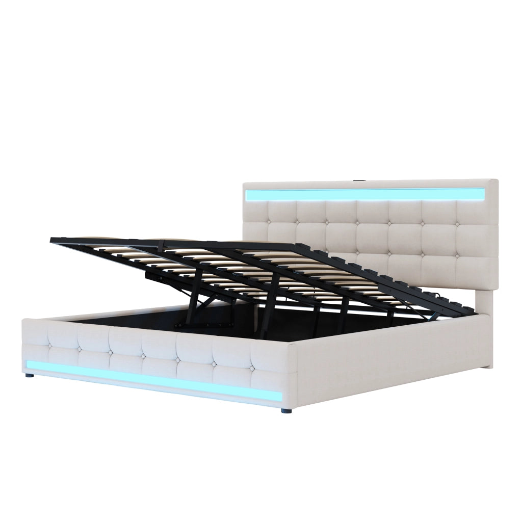 OKWISH Letto Imbottito 180×200 cm, Letto Matrimoniale con LED RGB Regolabile, USB e Testiera Regolabile, senza Materasso, Beige