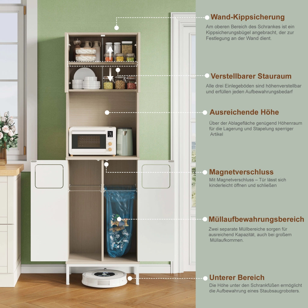 Dispensa alta con vano rifiuti e vano microonde, ripiani regolabili per cucina, in MDF bianco e legno, 53 × 35 × 181 cm