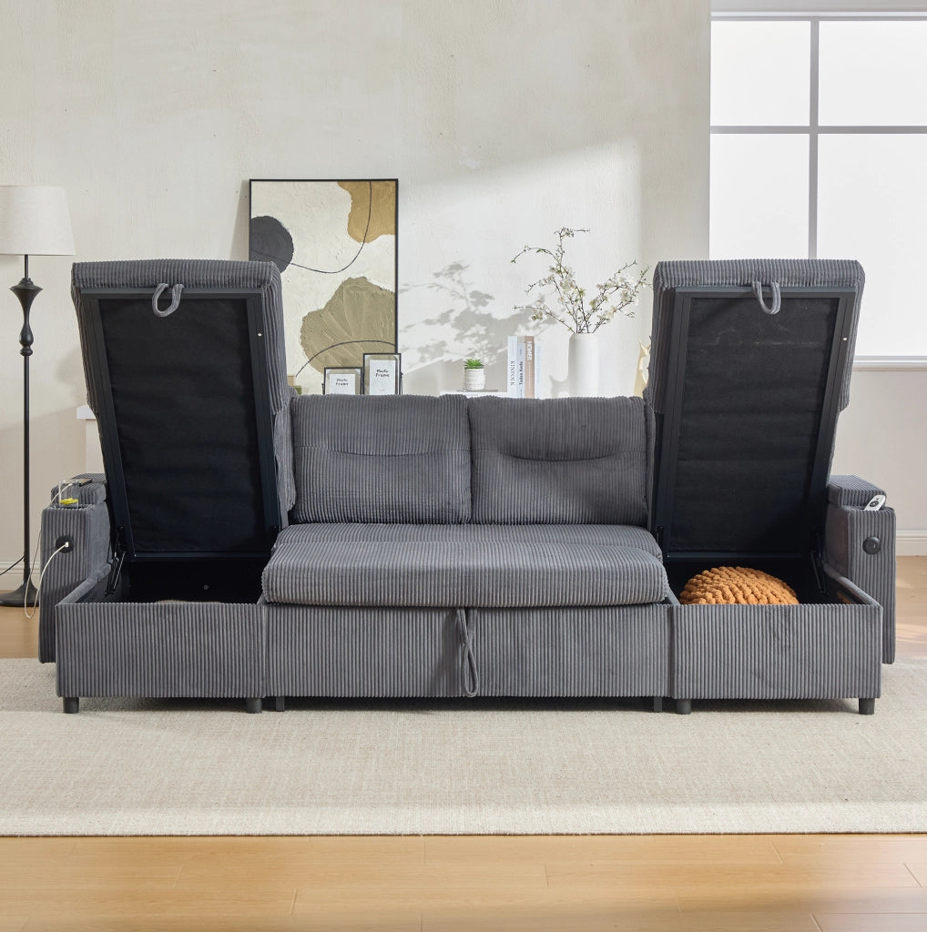 Divano 4 posti con doppia chaise longue; contenitore; portabicchieri e USB-C; 272x136x86 cm; grigio carbone