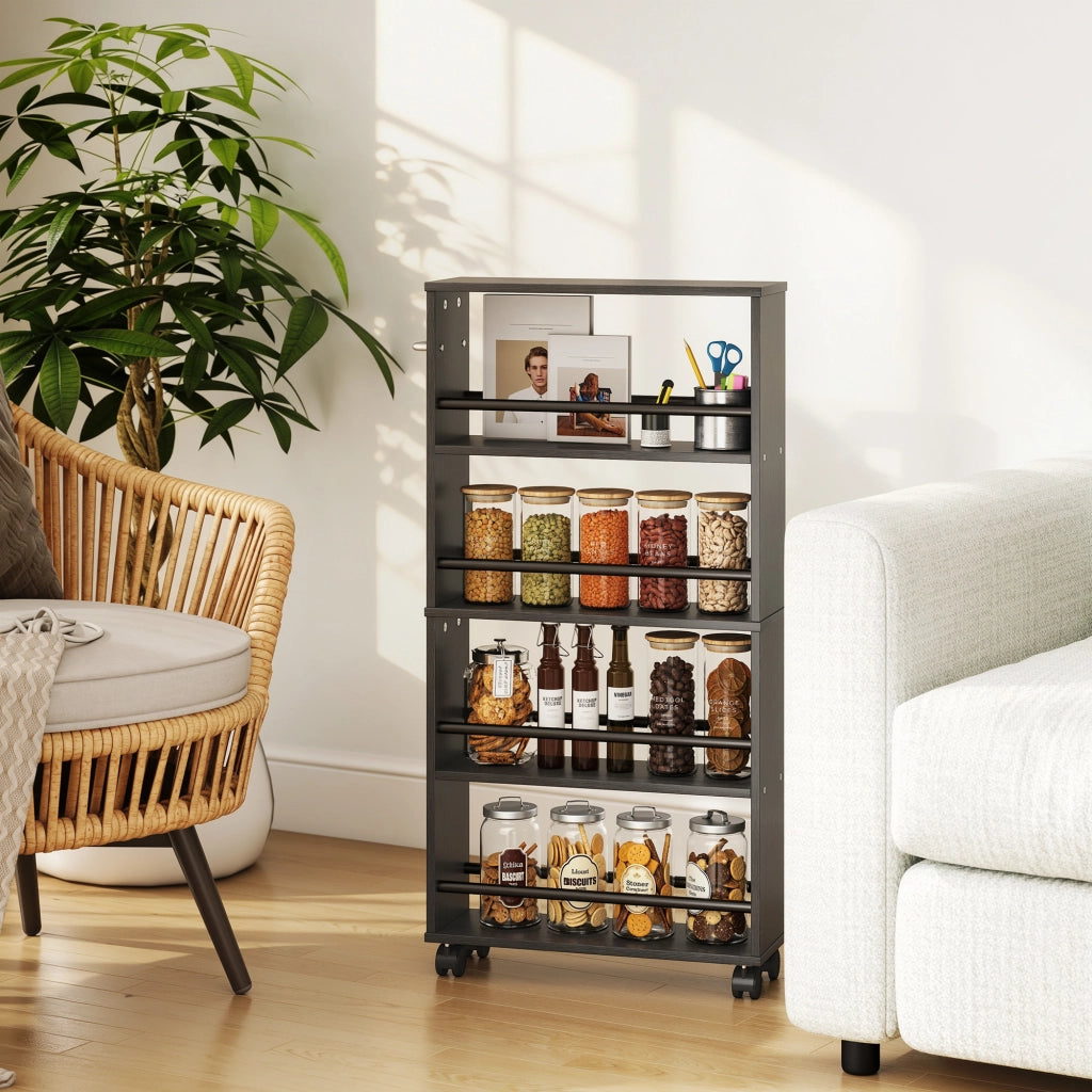 Libreria con Ruote, Design Sottile, 4 Ripiani ¨C Zephmum ¨C Nero, 45x15x91 cm