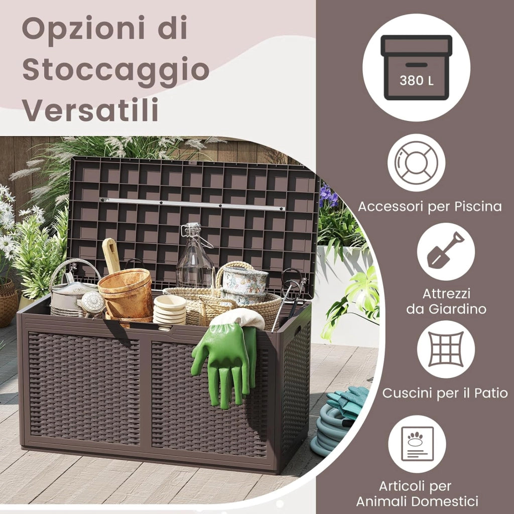 Baule da Esterno 380 L, Cassapanca Contenitore Impermeabile in Effetto Rattan con Coperchio Bloccabile e Ruote, Baule Salvaspazio per Mantenere Cuscini e Attrezzi (Marrone)