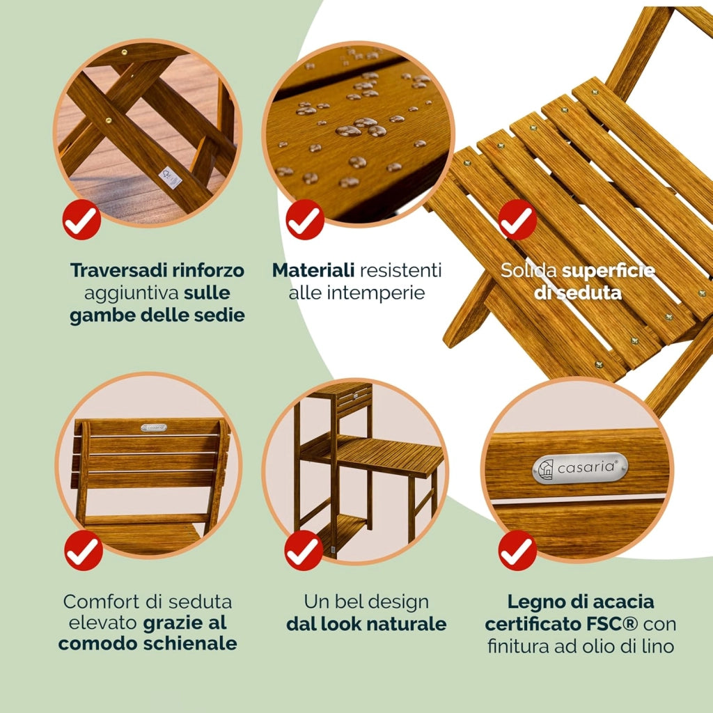 ® Set da balcone per 2 persone, resistente alle intemperie, pieghevole, in legno, 160 kg, con certificazione FSC®, 95 x 117 cm, 3 pezzi, colore marrone