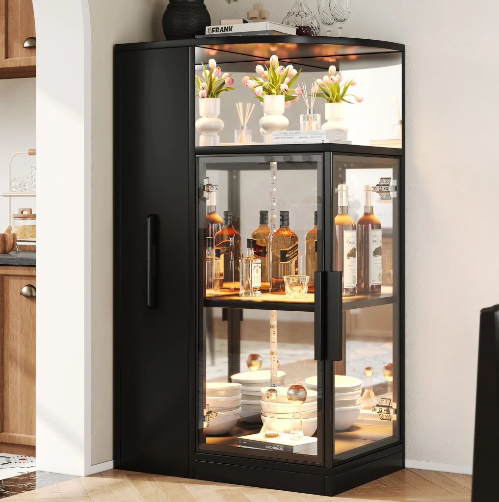 Vetrina 64x42x112 cm con LED multicolore e mobile laterale estraibile; vetro e truciolare nera