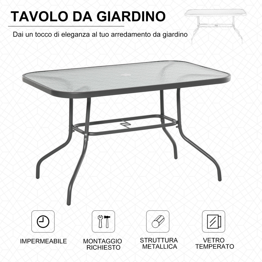 Tavolo da Giardino in Metallo e Vetro con Foro Ombrellone 120x80x70cm