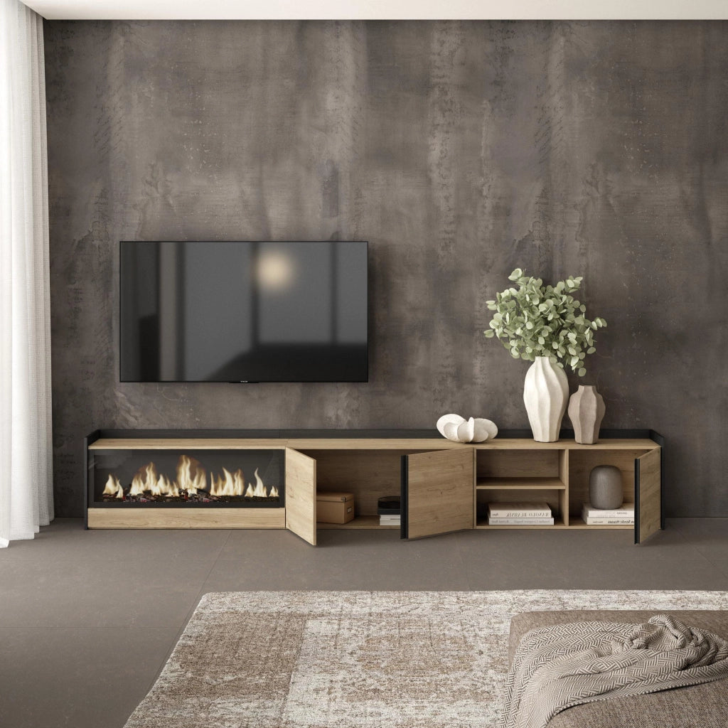 Mobile TV Soggiorno, 315x50x35 cm, Per TV fino a 80", Camino elettrico XXL, Rovere e nero