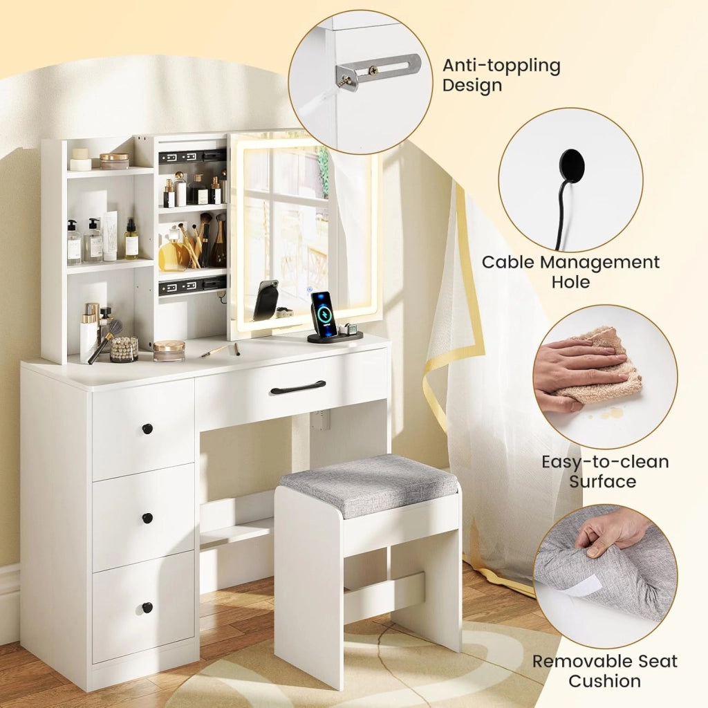 Tavolo da toeletta con illuminazione e specchio, tavolo da toeletta in legno con 4 cassetti e ripiano regolabile, tavolo da trucco con stazione di ricarica, tavolo cosmetico con sgabello per