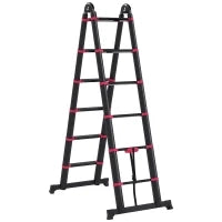 Scala Telescopica Pieghevole a 12 Gradini, in Alluminio e Nylon, 379x67.5x11 cm, Nera e Rossa