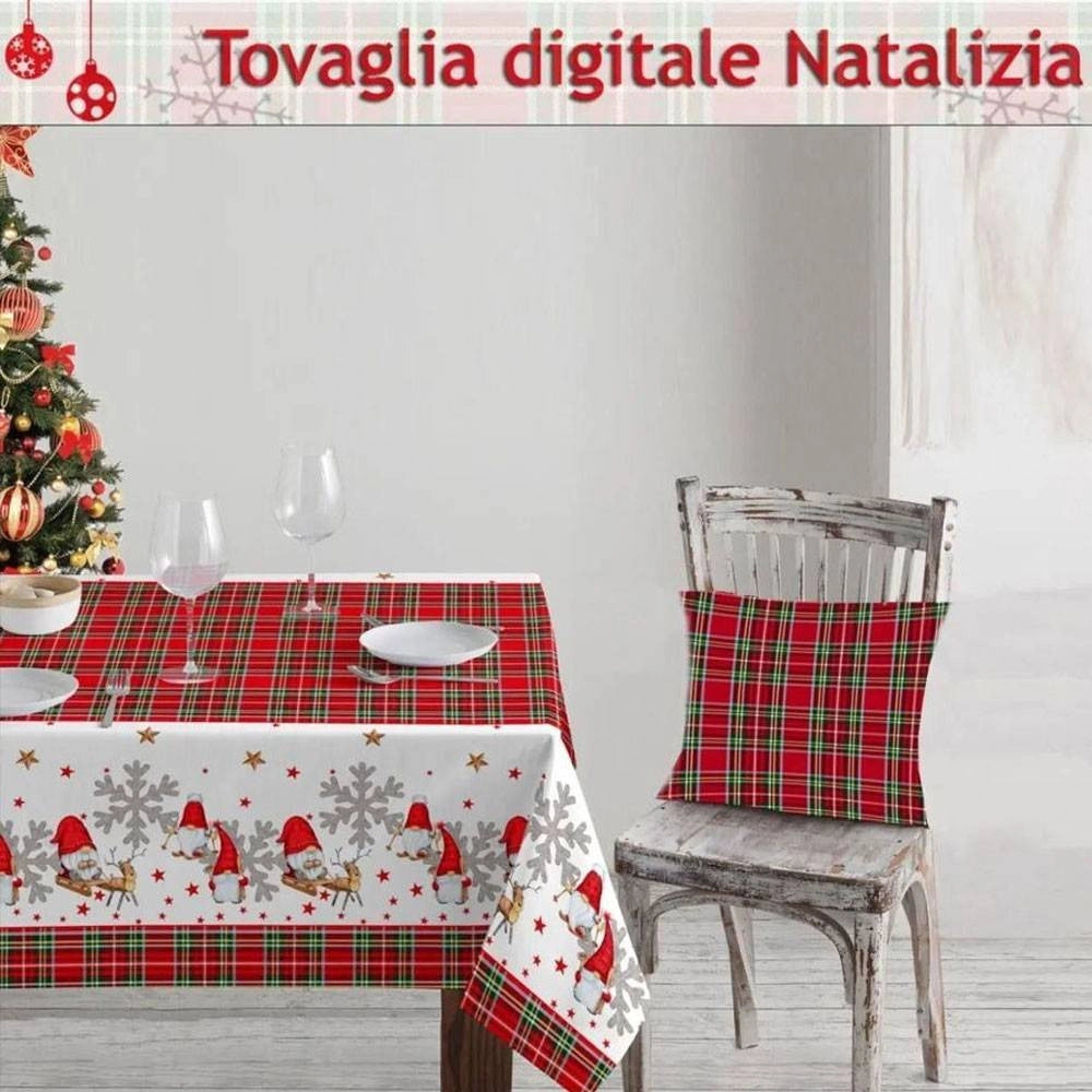 Trade Shop - Tovaglia Natalizia In Stampa Digitale Fantasia Tartan Babbo Natale Renne 12posti -