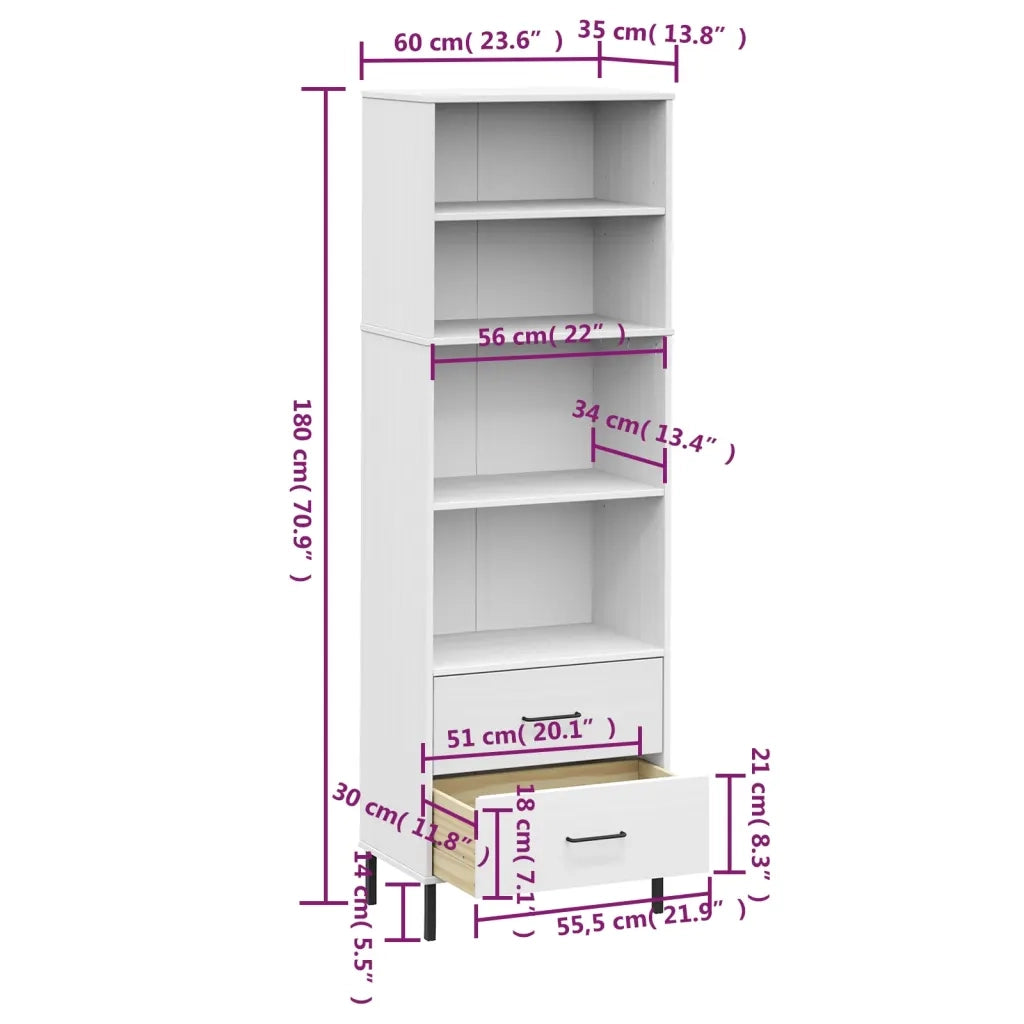 Libreria con 2 Cassetti Bianco 60x35x180 cm Legno Massello OSLO 351008