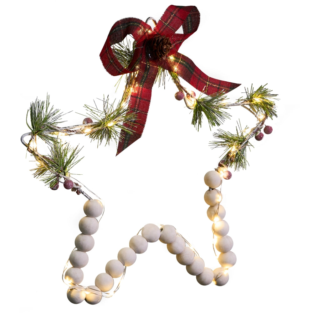Set di 3 decorazioni natalizie in legno di abete bianco con luci LED a forma di stella da appendere, realizzate a mano in stile tradizionale