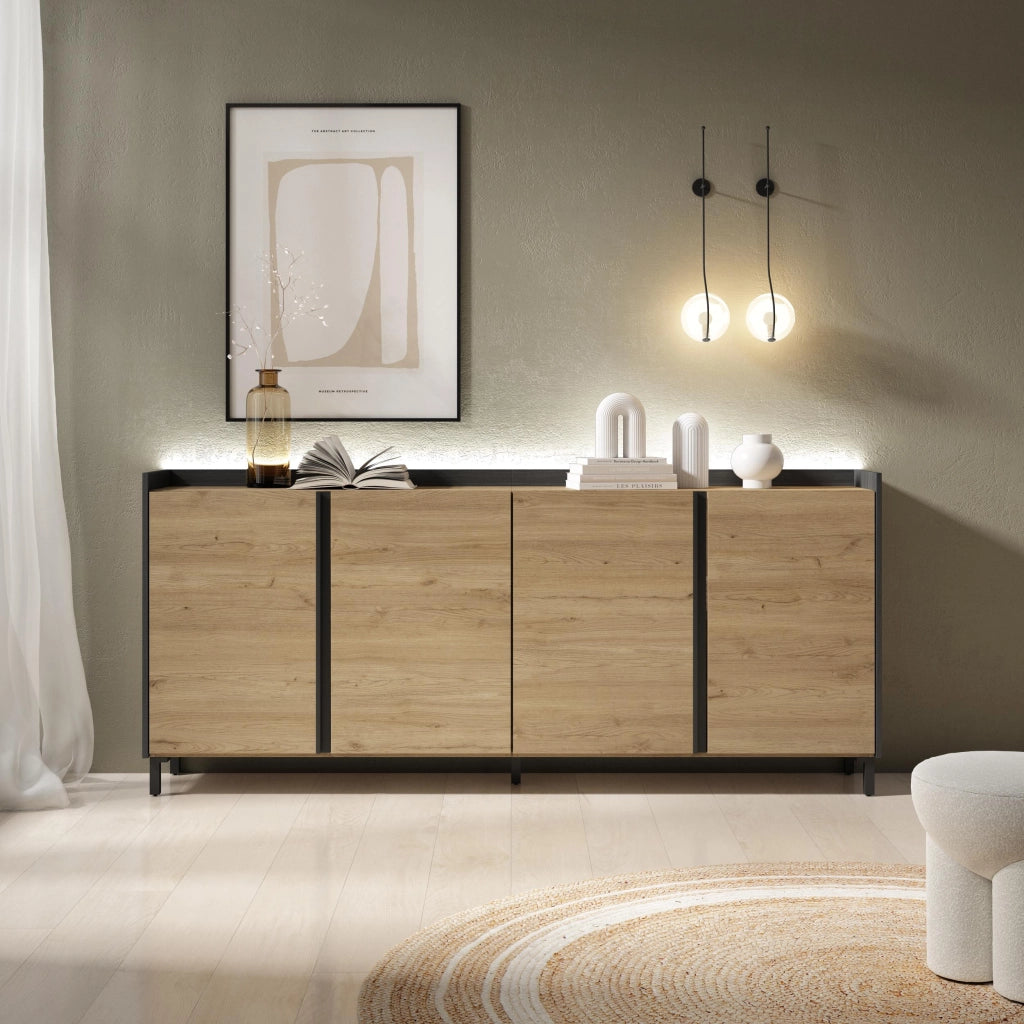 Credenza, Mobile, Cucina, 207x91x35 cm, 4 Porte, Design industriale, LED, Rovere e nero