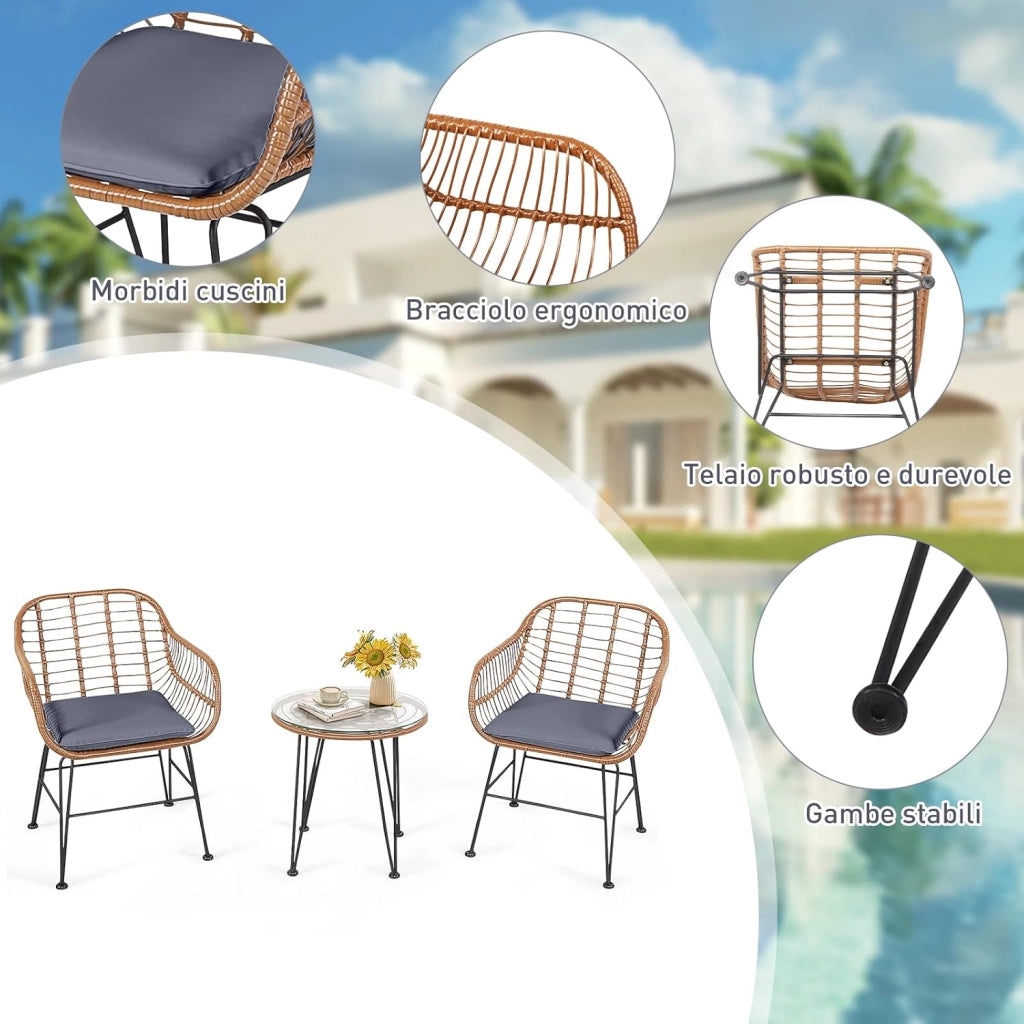 Mobili da Esterno in Vimini con Tavolo Rotondo in Vetro Temperato e 2 Poltrone in Rattan e Cuscini Morbidi, Tavolo e Sedie Moderni per Veranda, Cortile, Giardino e Piscina