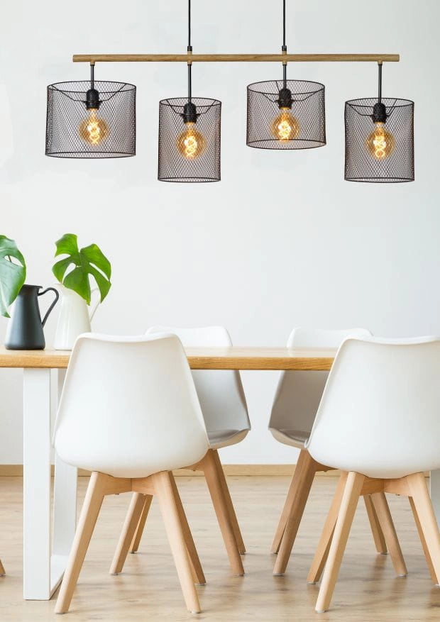 Lucide Baskett lampadario 4 luci E27 nero/legno regolabile