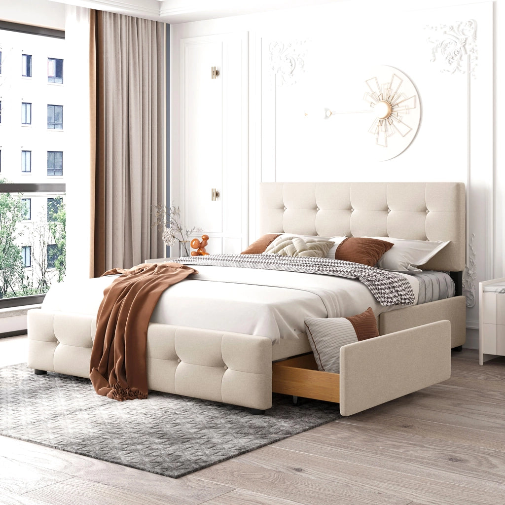 Letto con Cassetti 140x200 cm; Letto Matrimoniale; 4 Cassetti in Velluto Beige