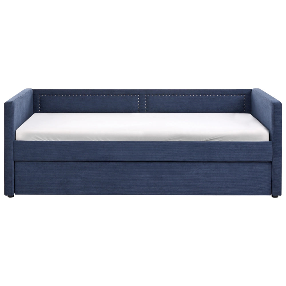 Letto da giorno estraibile velluto a coste blu marino 90 x 200 con rete a doghe e testiera con chiodini