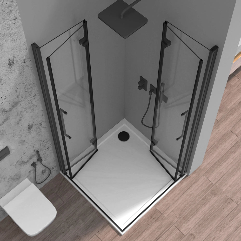 Box doccia angolare doppio soffietto 100x90 in vetro temperato trasparente con profili nero opaco Neos