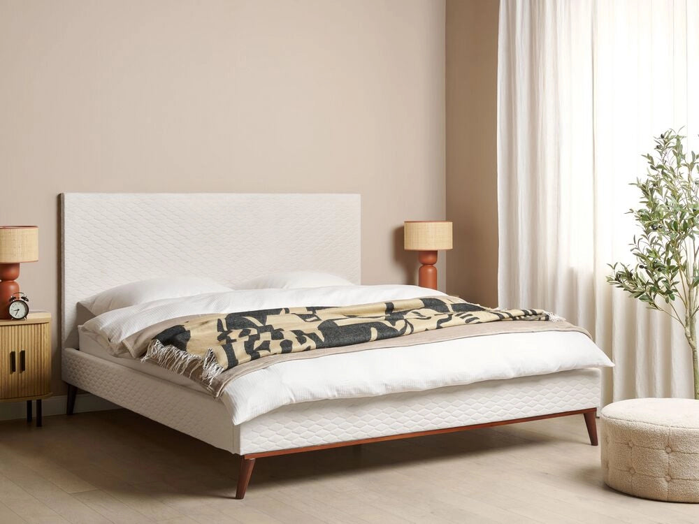 Letto imbottito in velluto bianco sporco 180 x 200 con struttura imbottita a nido d'ape trapuntato stile classico