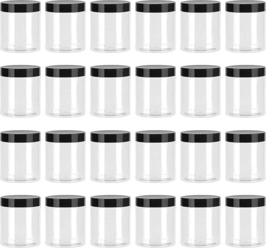 Set di 24 contenitori di conservazione, bicchieri rotondi in vetro con coperchio nero, 250 ml, bicchieri in plastica con contenitore ermetico in plastica nera, per cereali, farina, zucchero, muesli in cucina
