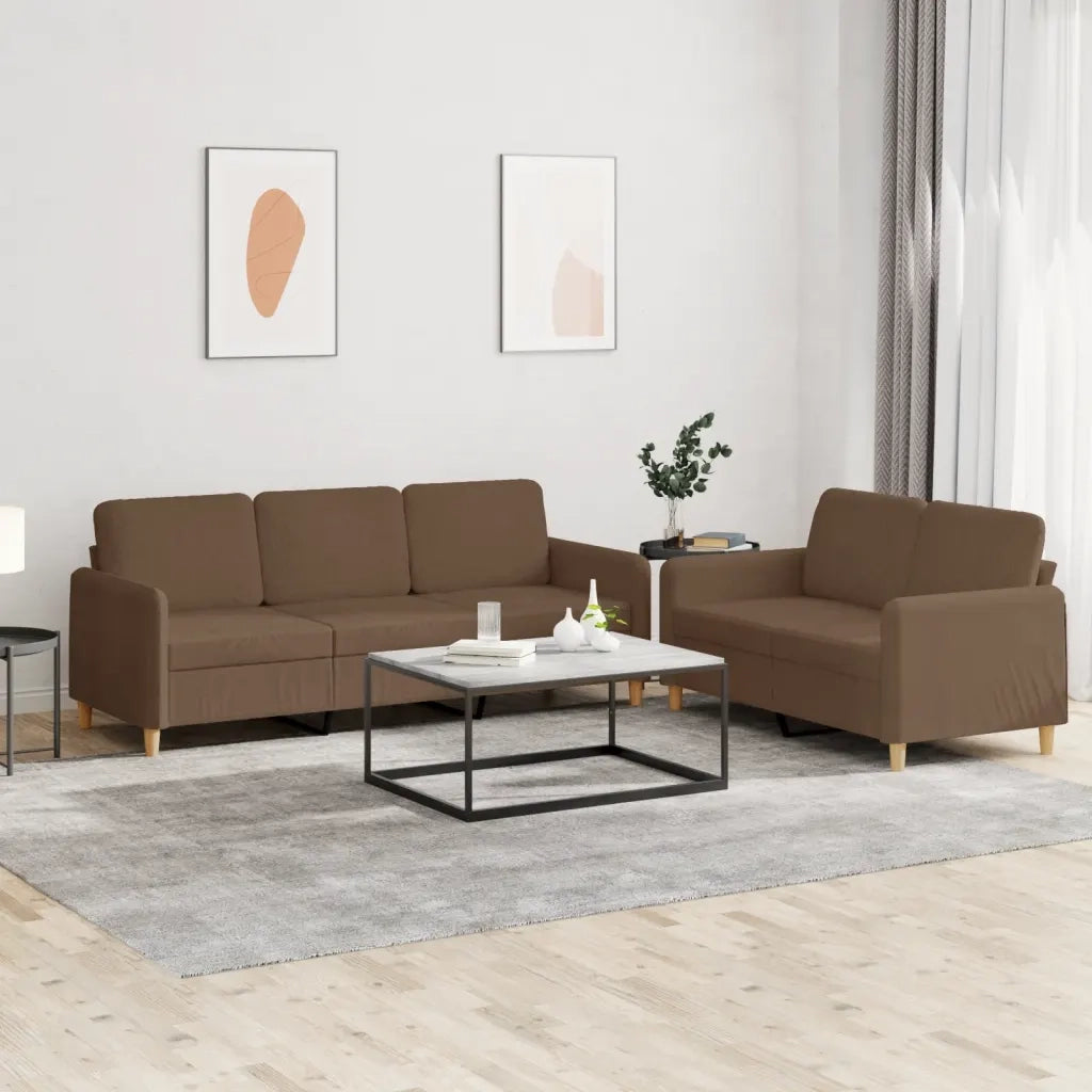 Set di Divani 2 pz con Cuscini Marrone in Tessuto