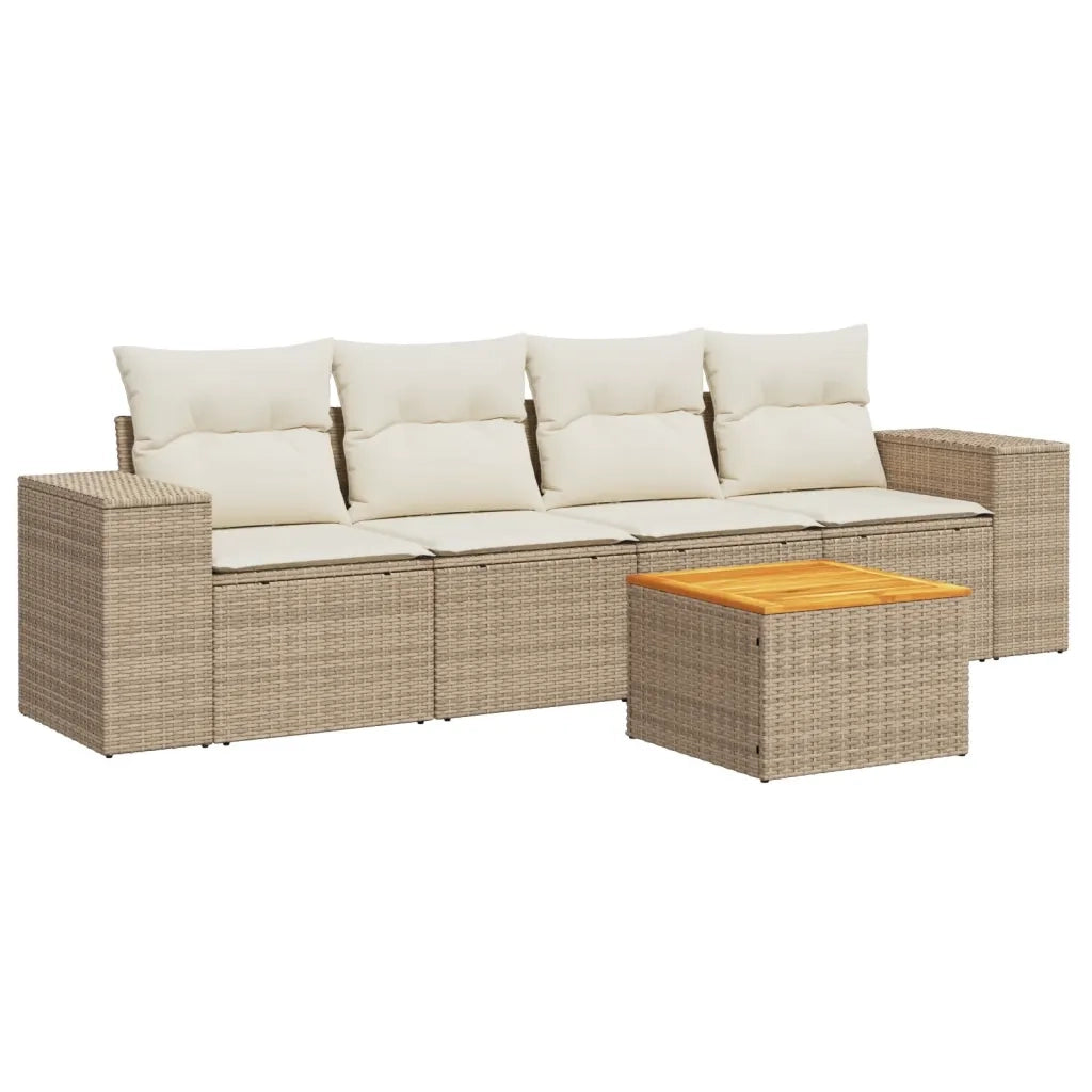 Set Divano da Giardino 5 pz con Cuscini Beige in Polyrattan