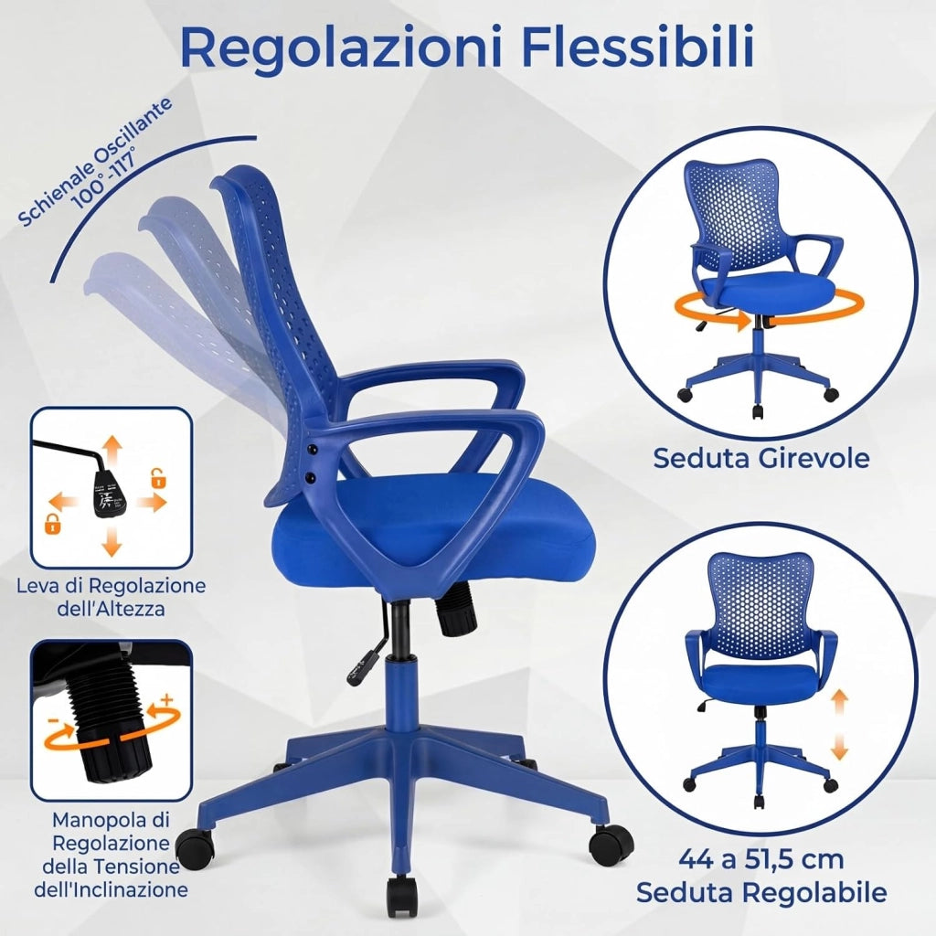 Sedia da Ufficio Ergonomica, con Schienale Reclinabile, Regolabile in Altezza, Sedia Scrivania con Seduta Girevole 360°e Ruote per Ufficio, Studio e Soggiorno, Portata 150 kg (Blu)