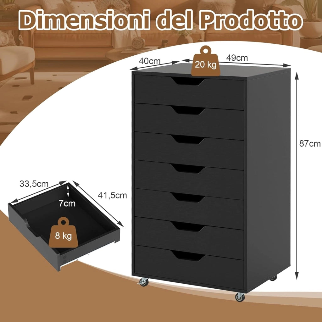 Cassettiera da Ufficio con 7 Cassetti, Mobiletto per Documenti con 4 Ruote Girevoli, Cassettiera da Scrivania in Legno per Ufficio e Soggiorno, 49 x 40 x 87 cm (Nero)