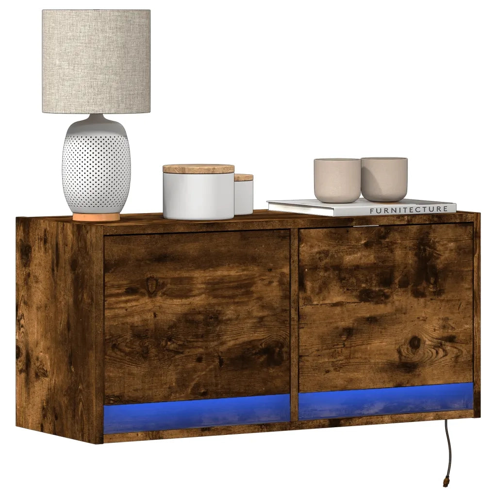 Mobile TV a Parete con Luci LED Rovere Fumo 80x31x35 cm 852359