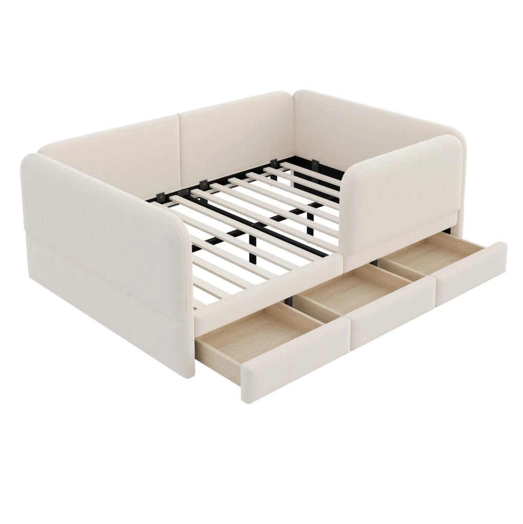 Letto per bambini 140x200 cm imbottito in velluto con 3 cassetti; beige