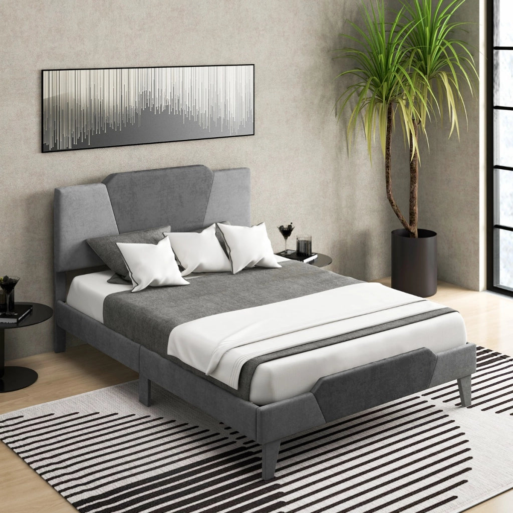 Letto matrimoniale con struttura imbottita testiera doghe in legno massello-Base per materasso 140x200cm-Grigio