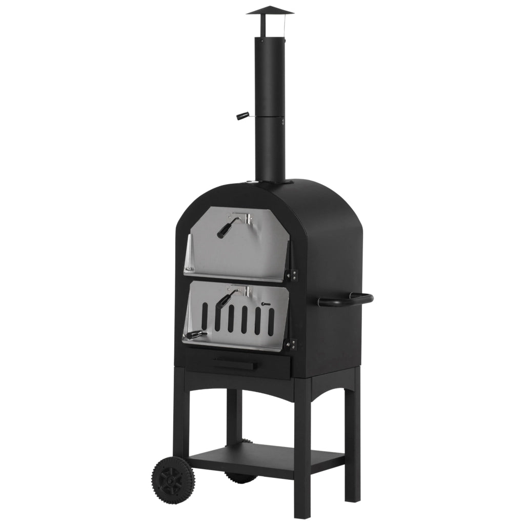 EasyComfort Forno per Pizza e Barbecue a Carbone Portatile in Acciaio con Camino e Ruote, 63x54x161 cm, Nero