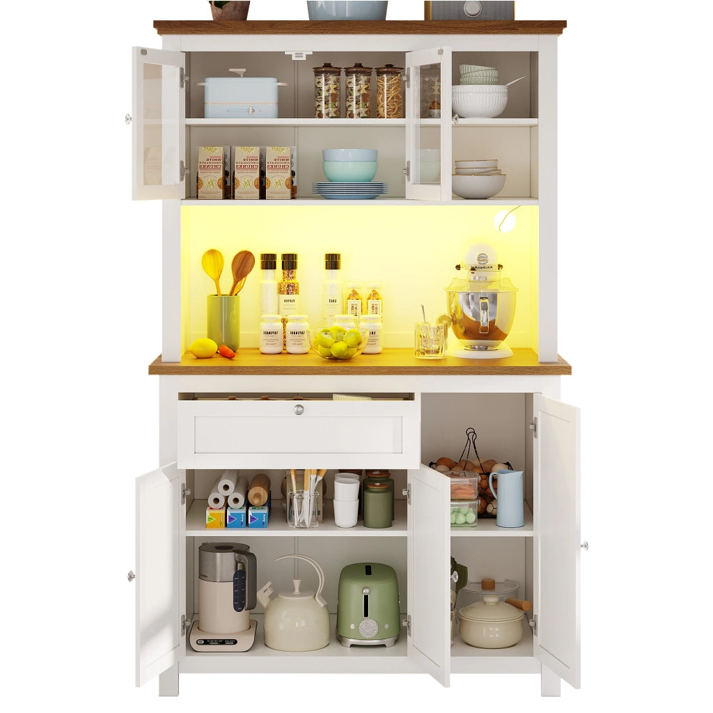 Credenza Alta da Cucina con Vetrina; 3 Ripiani Regolabili e LED; in MDF; Bianco; 104 x 40 x 180 cm