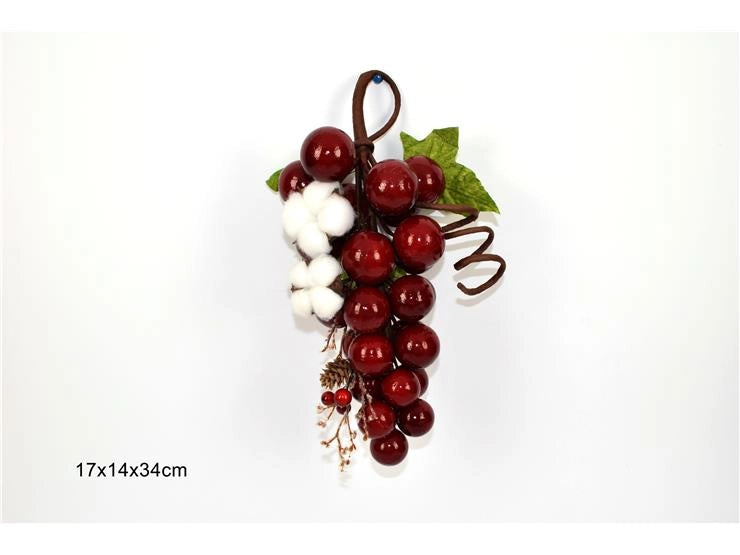 Decorazione Natale Grappolo Uva Fiore con Cotone Bacche e Pigne 34 cm