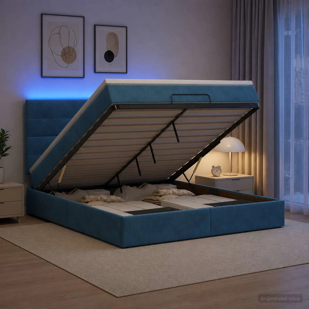 Letto Ottomano con Materasso e LED Blu scuro 140 x 190 cm 3458305