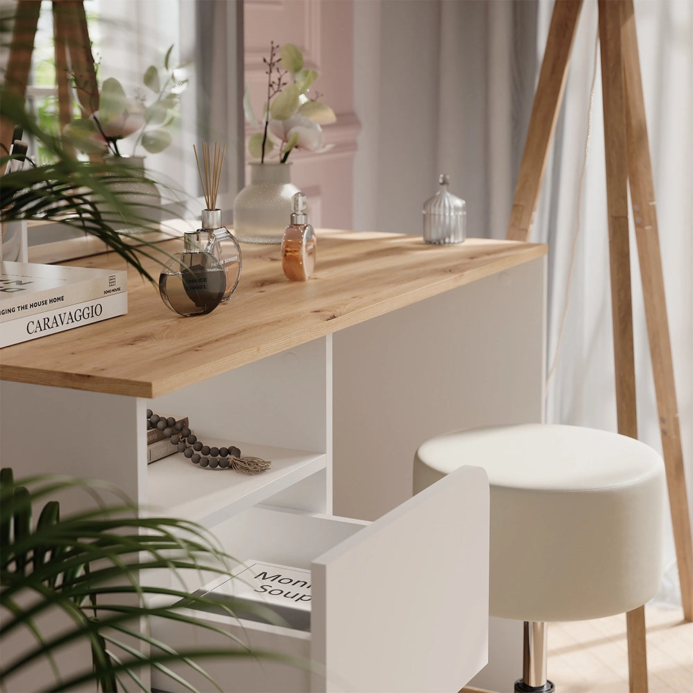 Vicco Tavolo da toeletta Bianco/Artisan 110 cm con sgabello e specchio LED