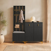Set ingresso con scarpiera e panca; appendiabiti con ganci; nero; in truciolare