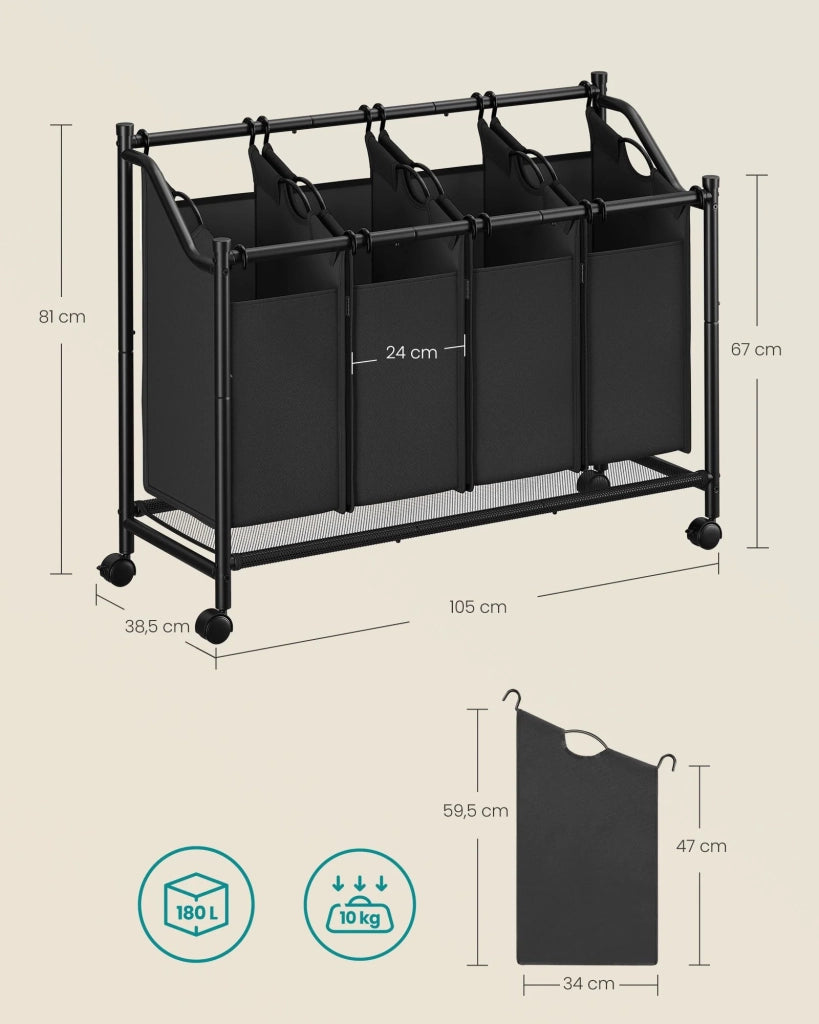 Carrello portabiancheria cesto portabiancheria cesto portabiancheria con 4 sacchi estraibili cesto portabiancheria con ruote cesto portabiancheria robusto 4 x 35 litri nero 12_0005002