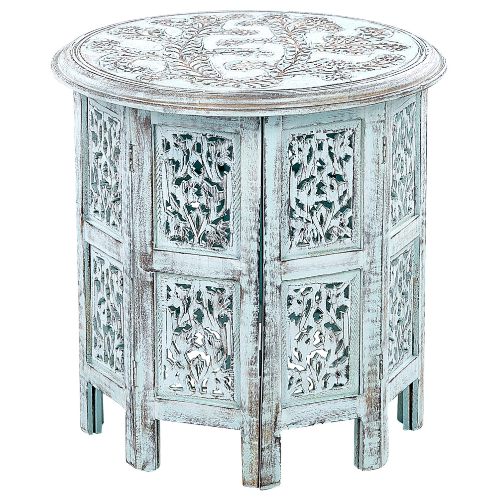Tavolino in legno di mango blu con piano rotondo e affilato 45 x 45 cm Design rustico vintage